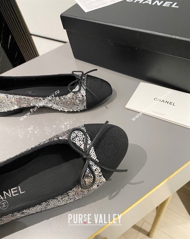 Chanel Ballet flats G02819 Grosgrain Black/Sequins Silver 2024 (modeng-24040231)