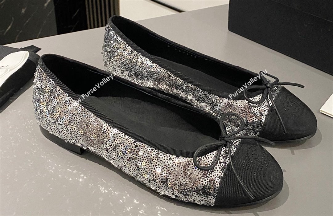 Chanel Ballet flats G02819 Grosgrain Black/Sequins Silver 2024 (modeng-24040231)