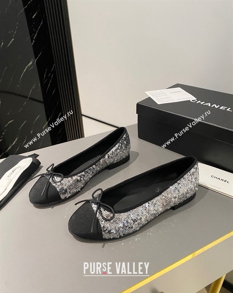 Chanel Ballet flats G02819 Grosgrain Black/Sequins Silver 2024 (modeng-24040231)