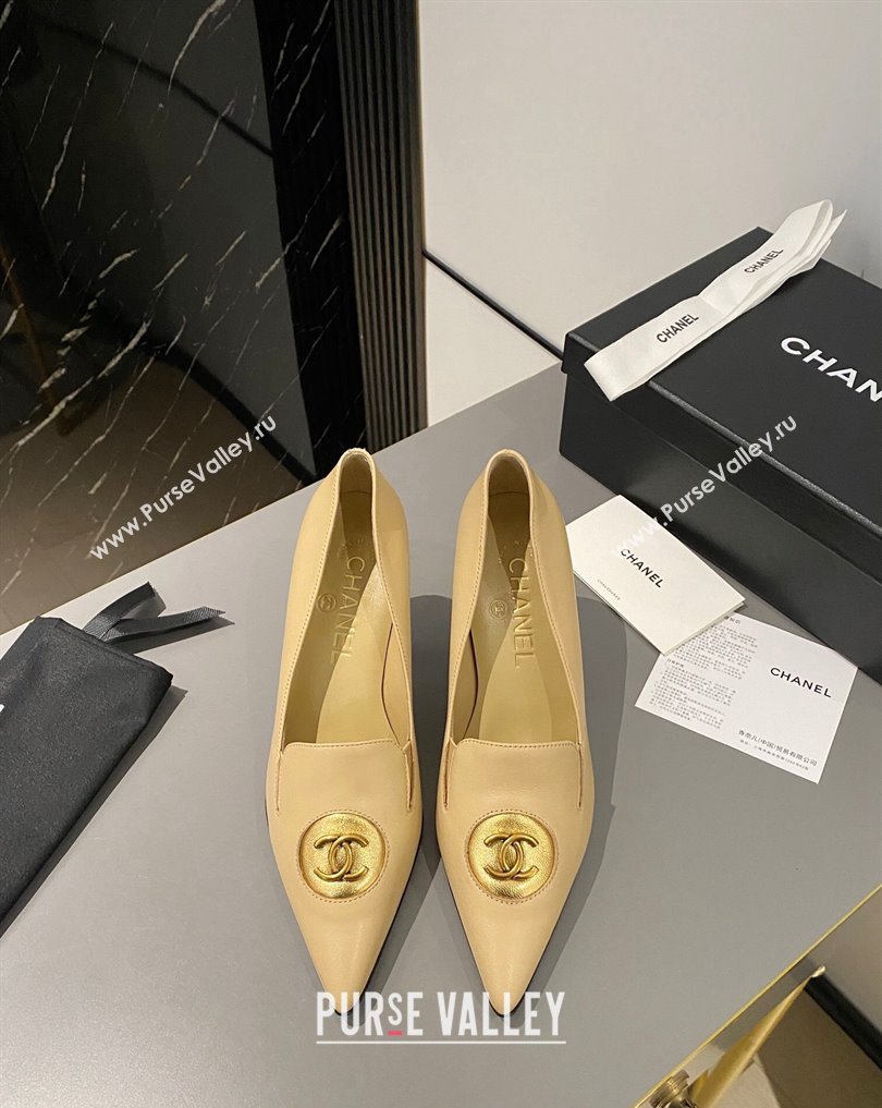 Chanel Heel 7.5cm Metal CC Logo Lambskin Vintage Pumps Beige 2024 (modeng-24040118)