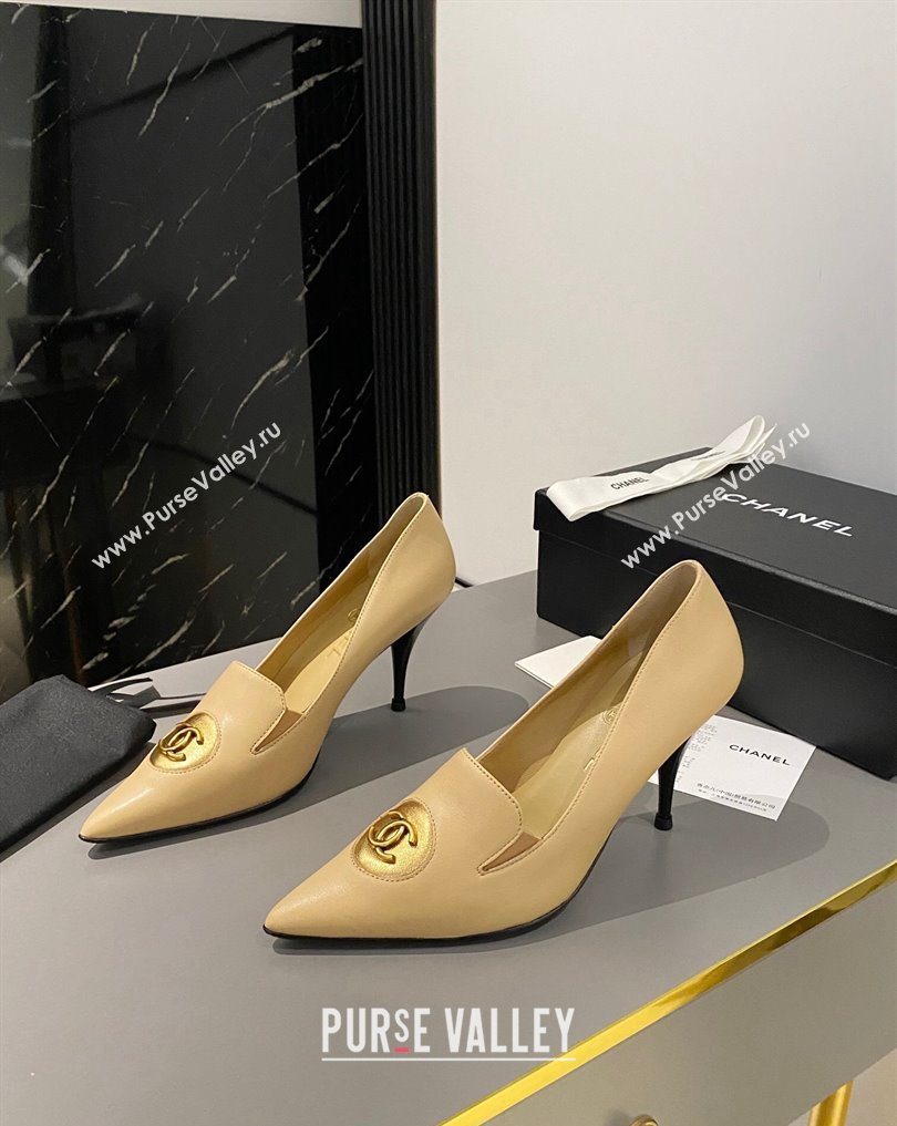 Chanel Heel 7.5cm Metal CC Logo Lambskin Vintage Pumps Beige 2024 (modeng-24040118)
