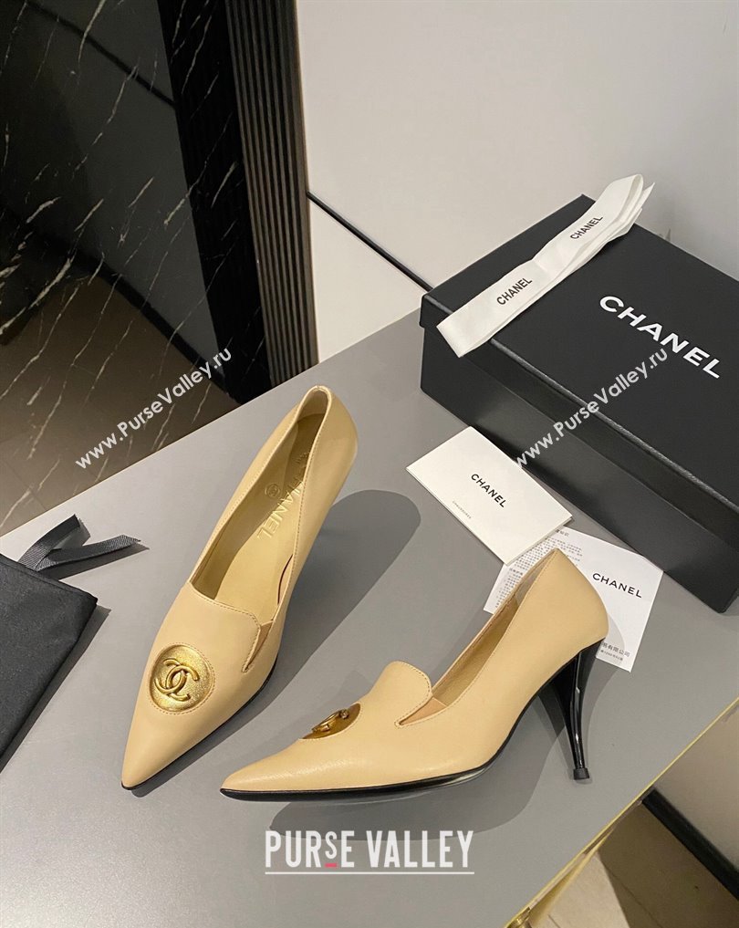 Chanel Heel 7.5cm Metal CC Logo Lambskin Vintage Pumps Beige 2024 (modeng-24040118)