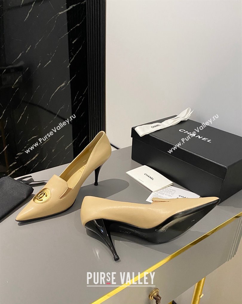 Chanel Heel 7.5cm Metal CC Logo Lambskin Vintage Pumps Beige 2024 (modeng-24040118)