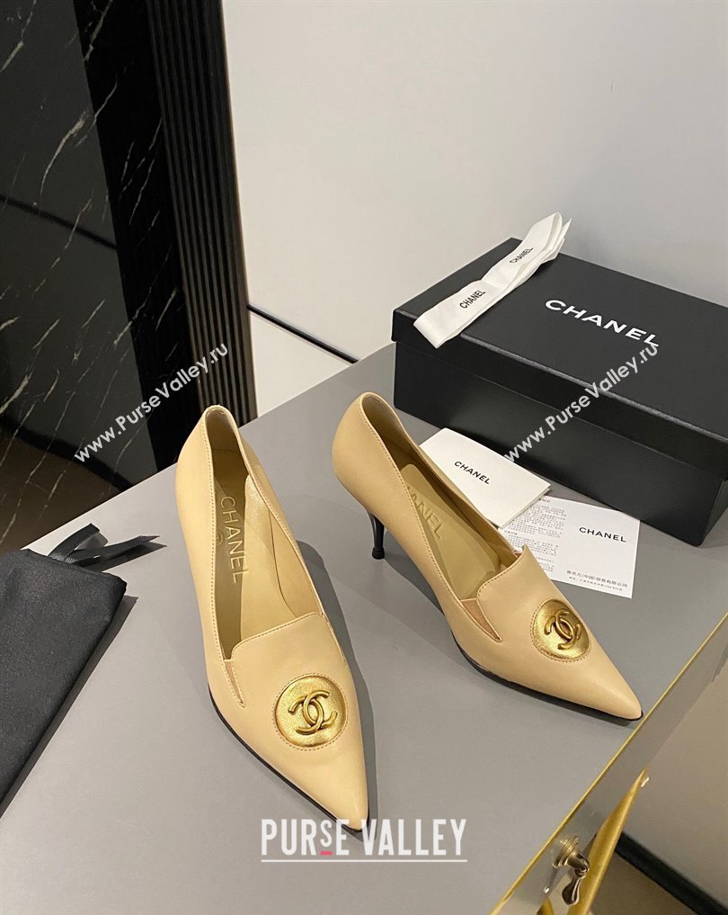 Chanel Heel 7.5cm Metal CC Logo Lambskin Vintage Pumps Beige 2024 (modeng-24040118)