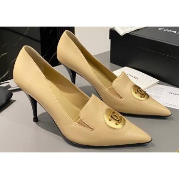 Chanel Heel 7.5cm Metal CC Logo Lambskin Vintage Pumps Beige 2024 (modeng-24040118)