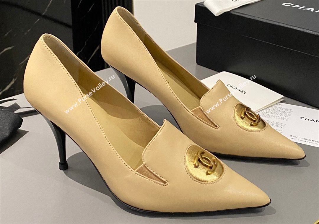 Chanel Heel 7.5cm Metal CC Logo Lambskin Vintage Pumps Beige 2024 (modeng-24040118)