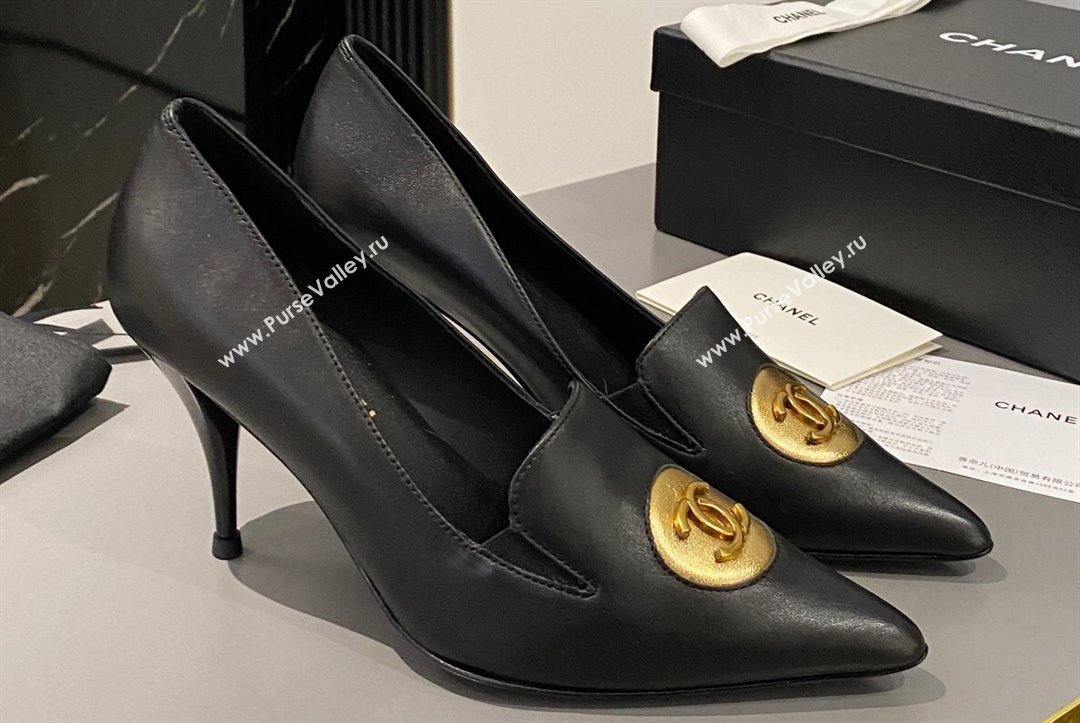 Chanel Heel 7.5cm Metal CC Logo Lambskin Vintage Pumps Black 2024 (modeng-24040116)