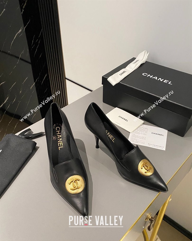 Chanel Heel 7.5cm Metal CC Logo Lambskin Vintage Pumps Black 2024 (modeng-24040116)