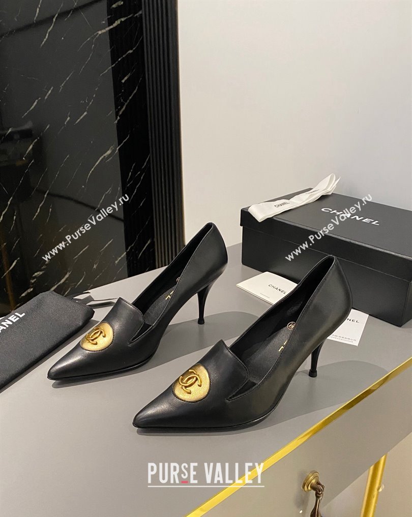 Chanel Heel 7.5cm Metal CC Logo Lambskin Vintage Pumps Black 2024 (modeng-24040116)