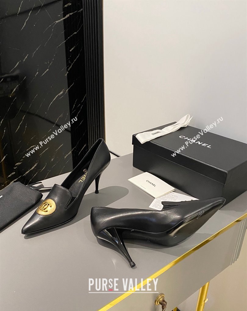 Chanel Heel 7.5cm Metal CC Logo Lambskin Vintage Pumps Black 2024 (modeng-24040116)