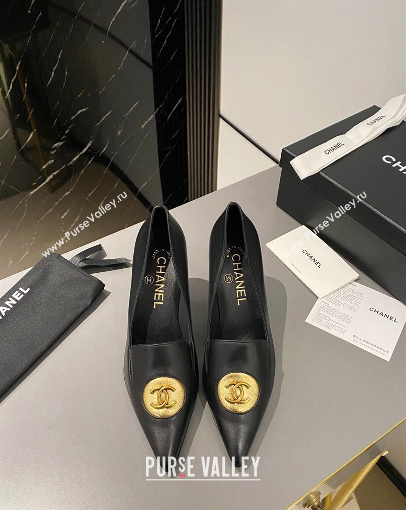 Chanel Heel 7.5cm Metal CC Logo Lambskin Vintage Pumps Black 2024 (modeng-24040116)
