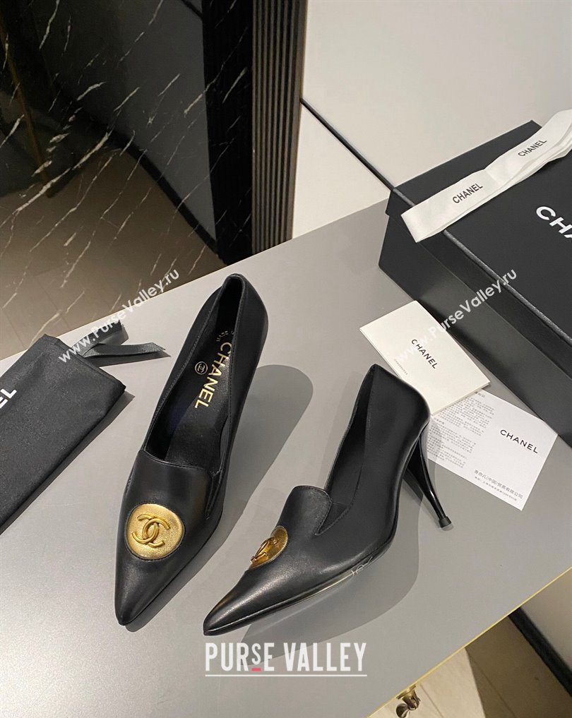 Chanel Heel 7.5cm Metal CC Logo Lambskin Vintage Pumps Black 2024 (modeng-24040116)