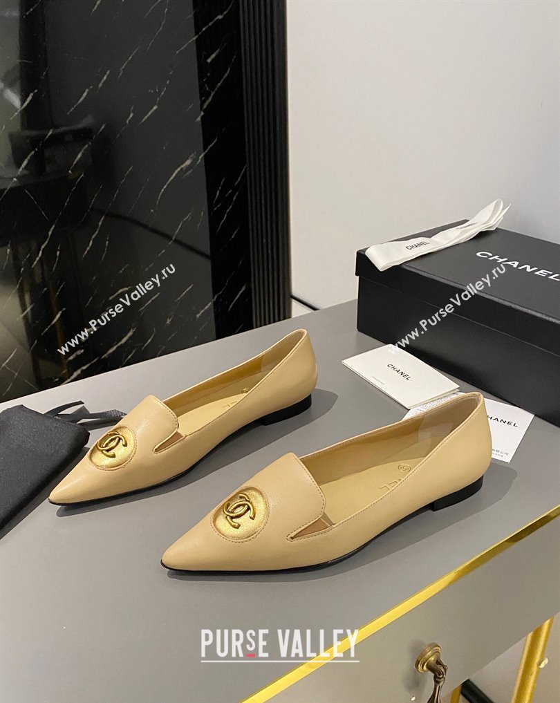 Chanel Metal CC Logo Lambskin Vintage Ballet Flats Beige 2024 (modeng-24040121)
