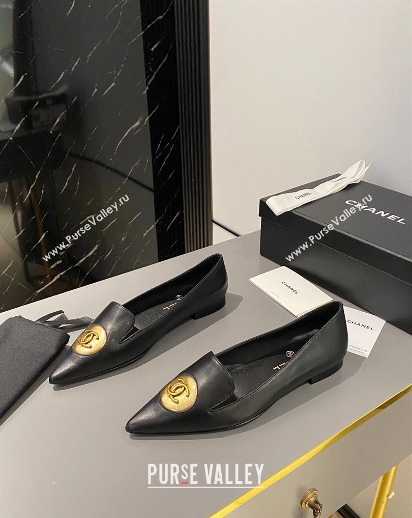Chanel Metal CC Logo Lambskin Vintage Ballet Flats Black 2024 (modeng-24040119)