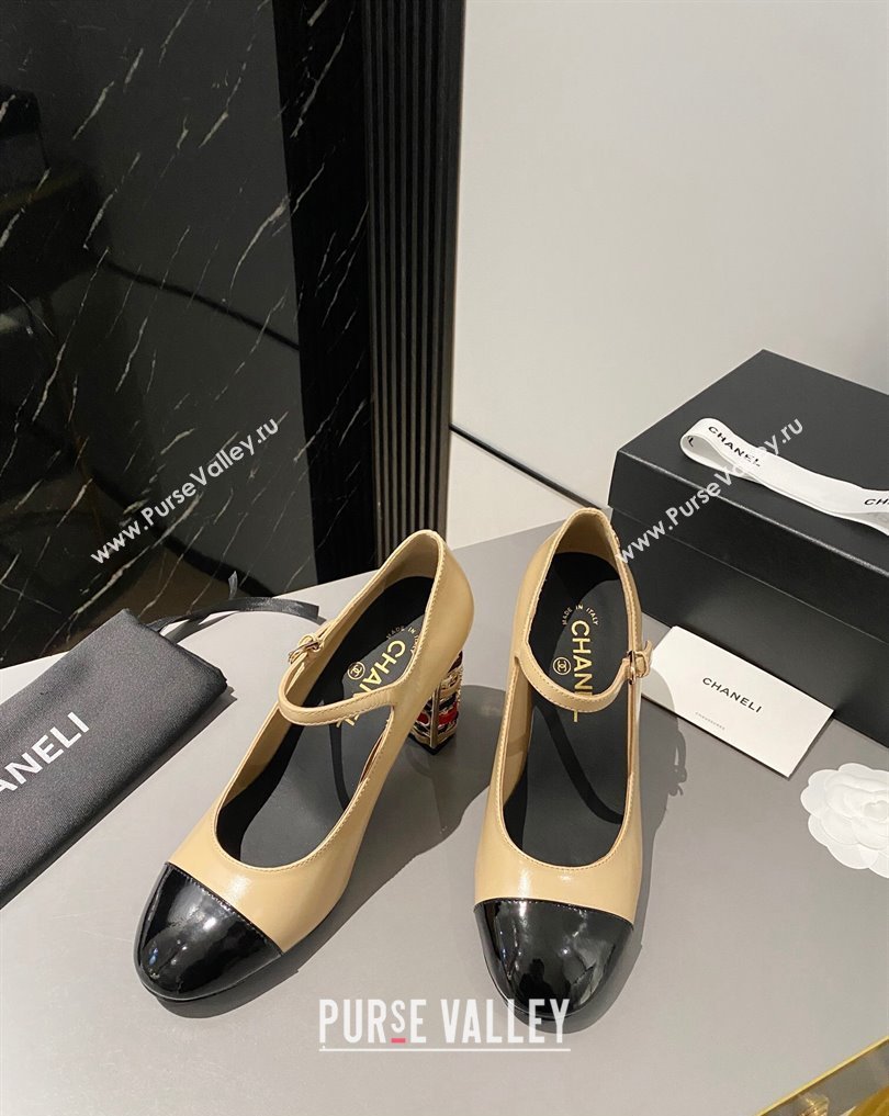 Chanel Multicolor Chain Heel 8.5cm Lambskin Mary Janes Beige 2024 (modeng-24040103)