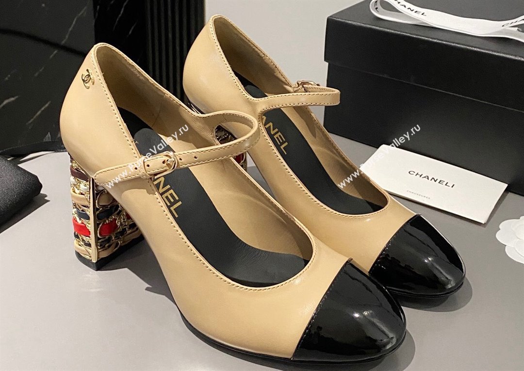 Chanel Multicolor Chain Heel 8.5cm Lambskin Mary Janes Beige 2024 (modeng-24040103)