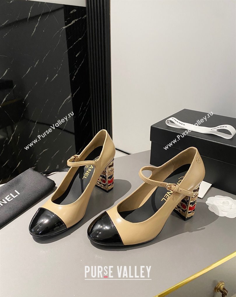 Chanel Multicolor Chain Heel 8.5cm Lambskin Mary Janes Beige 2024 (modeng-24040103)