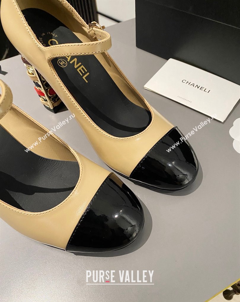 Chanel Multicolor Chain Heel 8.5cm Lambskin Mary Janes Beige 2024 (modeng-24040103)