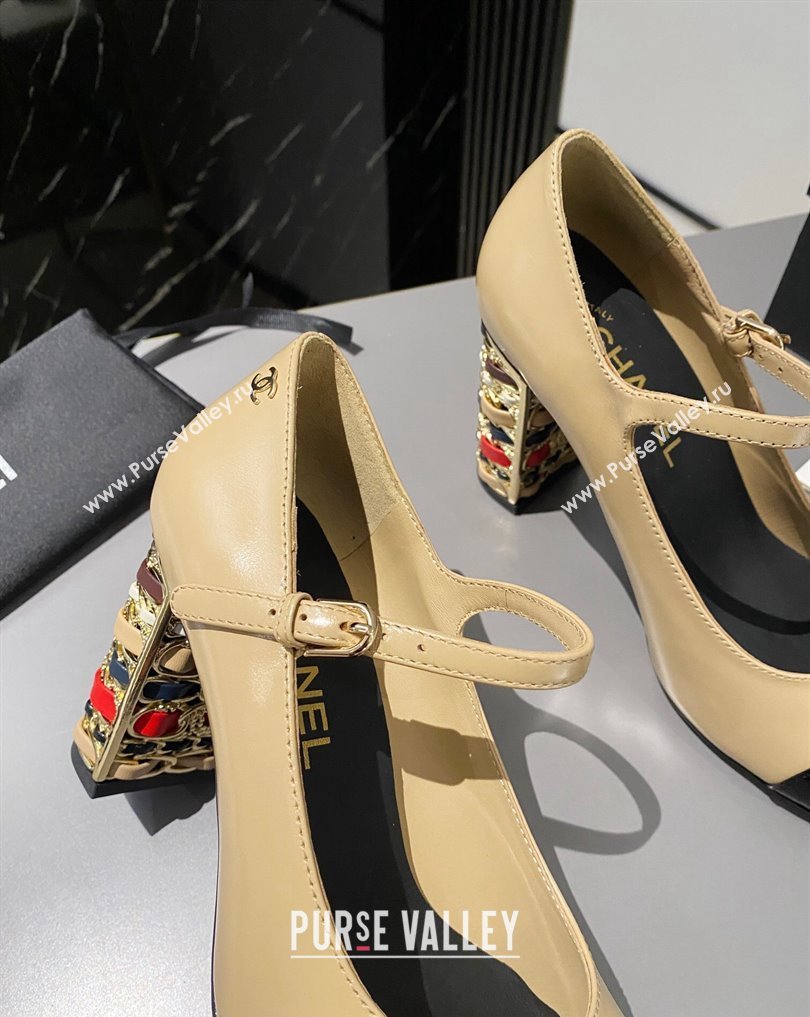 Chanel Multicolor Chain Heel 8.5cm Lambskin Mary Janes Beige 2024 (modeng-24040103)
