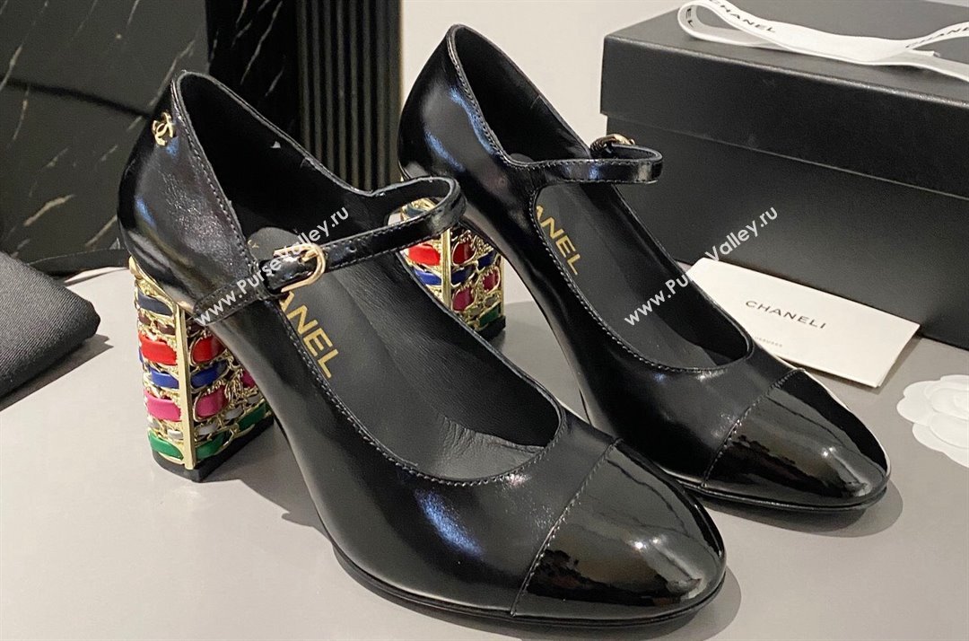 Chanel Multicolor Chain Heel 8.5cm Lambskin Mary Janes Black 2024 (modeng-24040101)