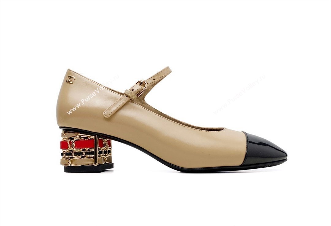 Chanel Multicolor Chain Heel 4.5cm Lambskin Mary Janes Beige 2024 (modeng-24040106)