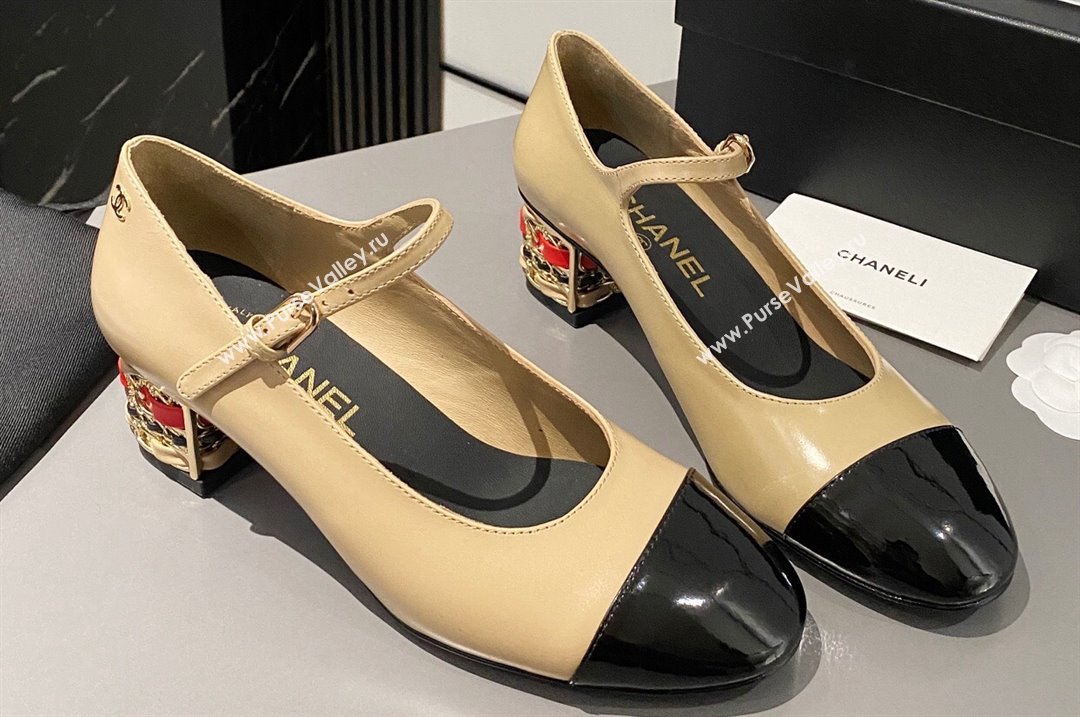 Chanel Multicolor Chain Heel 4.5cm Lambskin Mary Janes Beige 2024 (modeng-24040106)