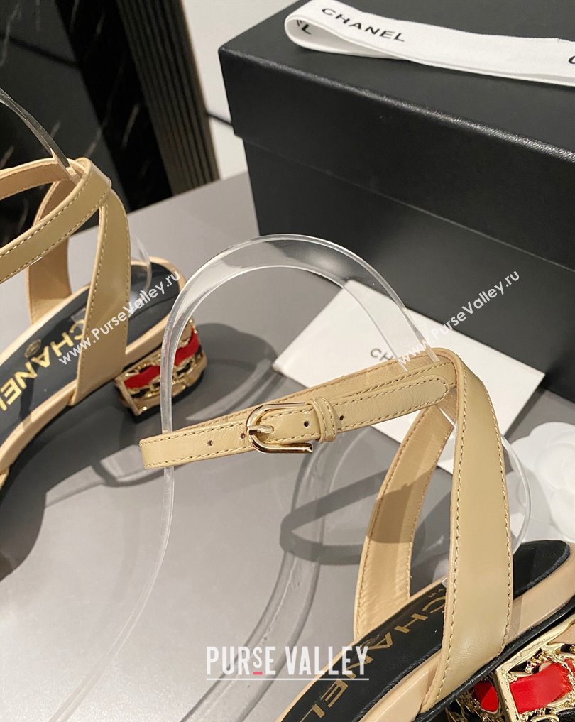 Chanel Multicolor Chain Heel 4.5cm Lambskin Sandals Beige 2024 (modeng-24040112)