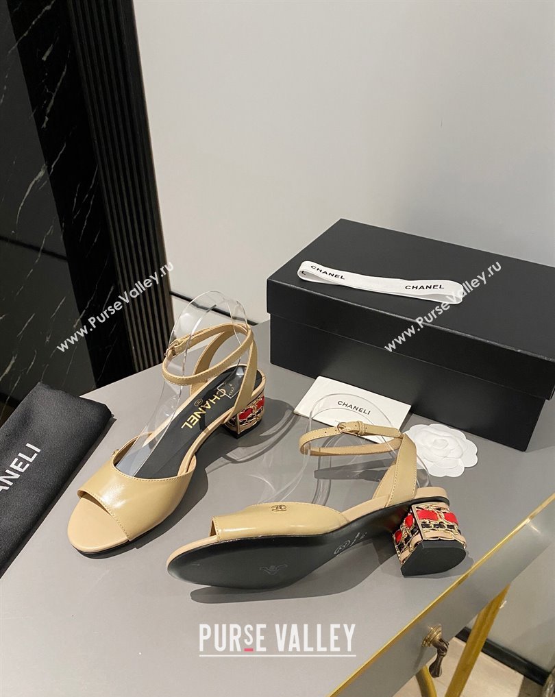 Chanel Multicolor Chain Heel 4.5cm Lambskin Sandals Beige 2024 (modeng-24040112)