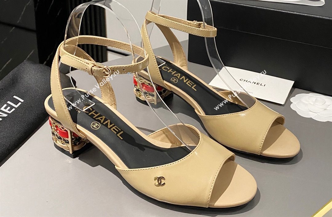 Chanel Multicolor Chain Heel 4.5cm Lambskin Sandals Beige 2024 (modeng-24040112)