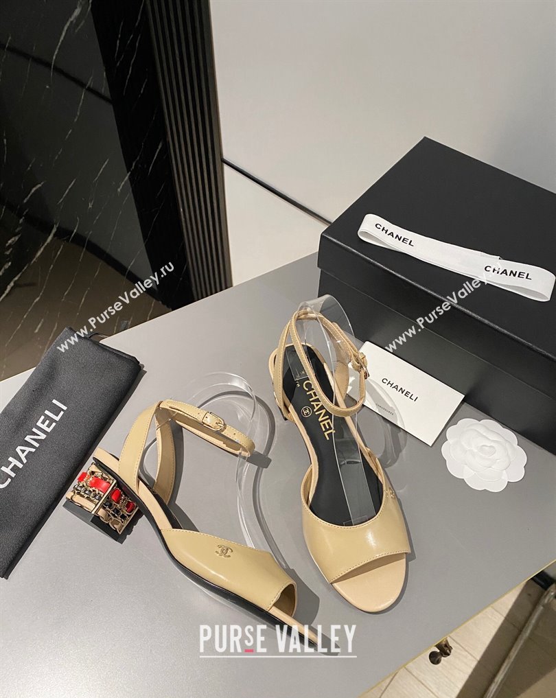 Chanel Multicolor Chain Heel 4.5cm Lambskin Sandals Beige 2024 (modeng-24040112)