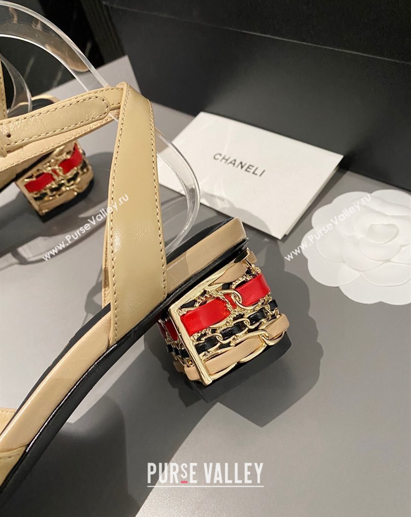 Chanel Multicolor Chain Heel 4.5cm Lambskin Sandals Beige 2024 (modeng-24040112)