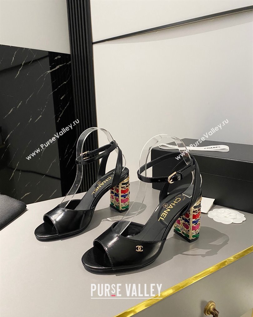 Chanel Multicolor Chain Heel 8.5cm Lambskin Sandals Black 2024 (modeng-24040107)