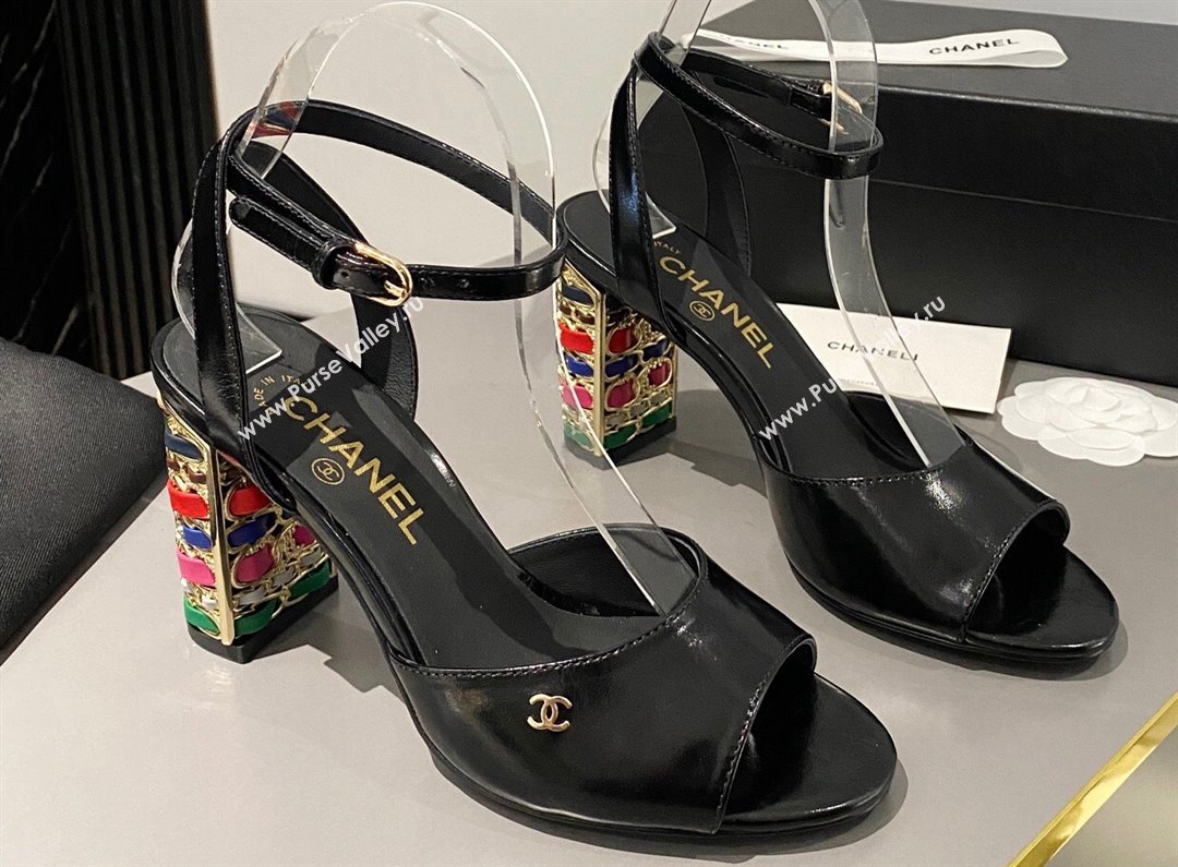 Chanel Multicolor Chain Heel 8.5cm Lambskin Sandals Black 2024 (modeng-24040107)