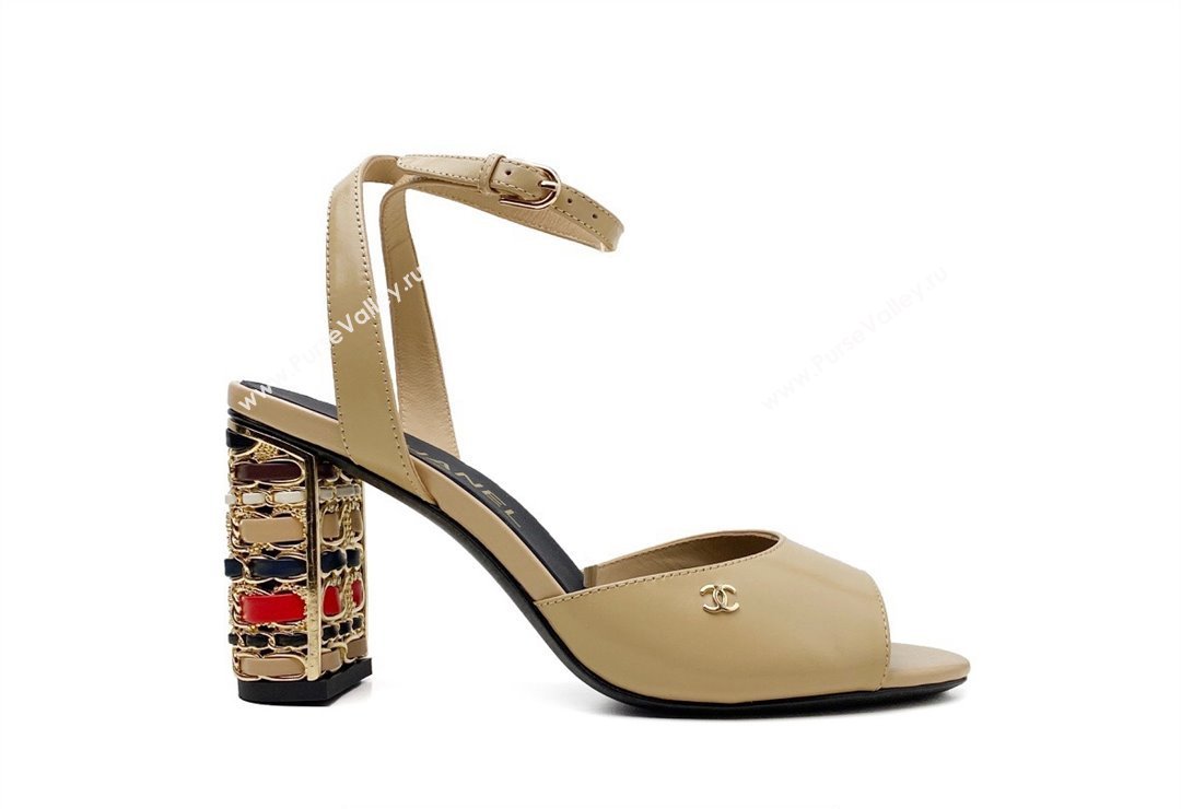 Chanel Multicolor Chain Heel 8.5cm Lambskin Sandals Beige 2024 (modeng-24040109)