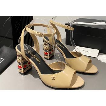 Chanel Multicolor Chain Heel 8.5cm Lambskin Sandals Beige 2024 (modeng-24040109)