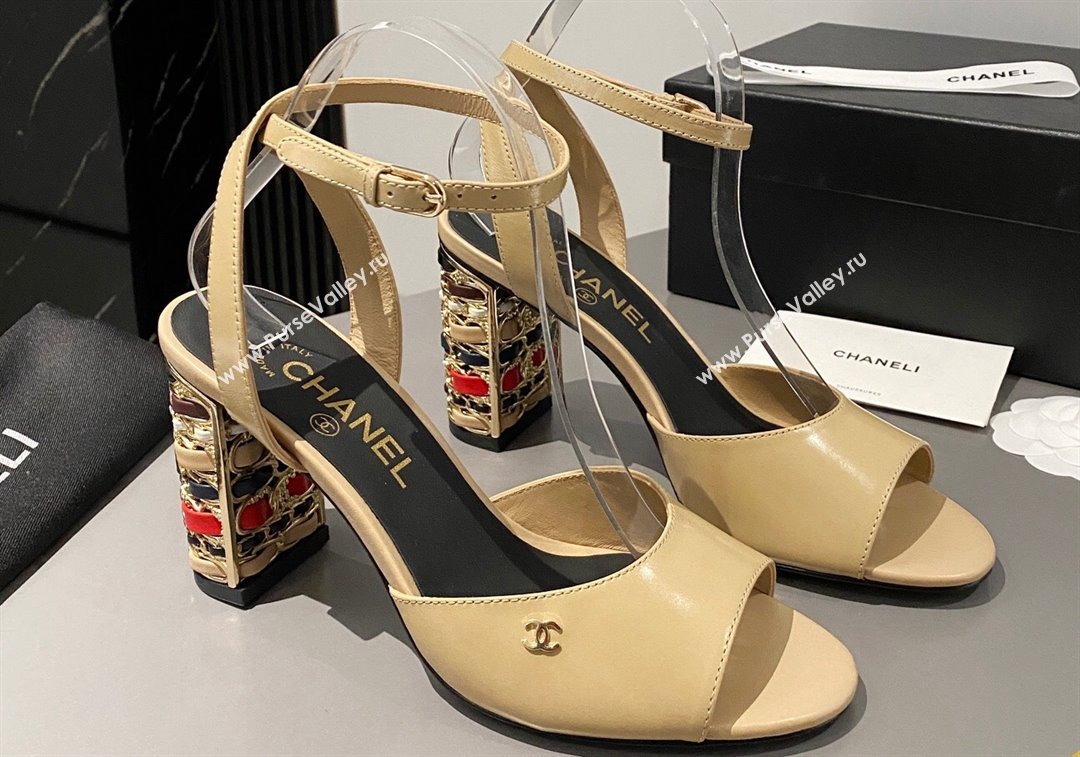 Chanel Multicolor Chain Heel 8.5cm Lambskin Sandals Beige 2024 (modeng-24040109)
