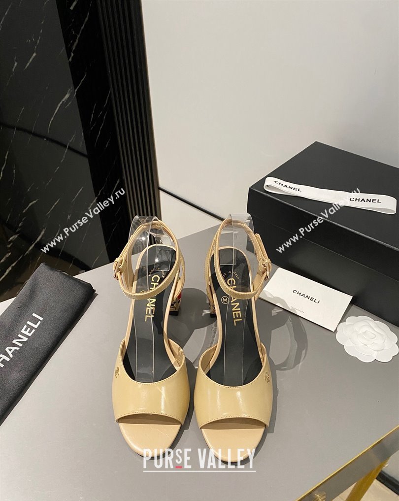 Chanel Multicolor Chain Heel 8.5cm Lambskin Sandals Beige 2024 (modeng-24040109)