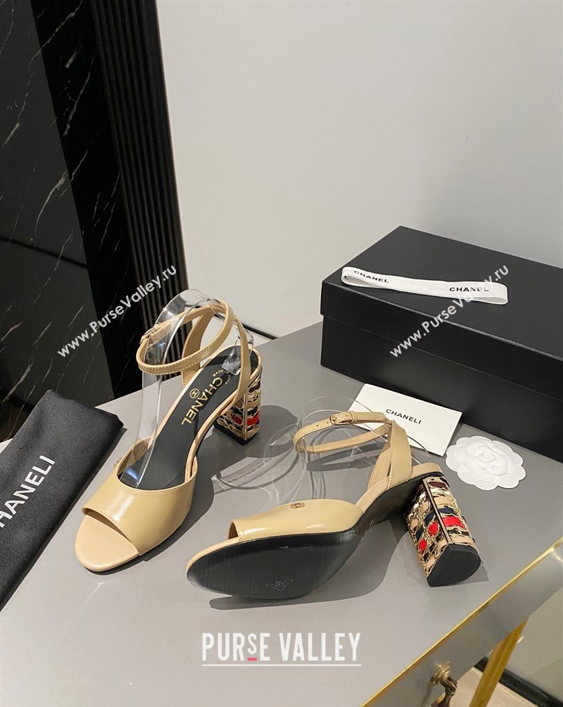 Chanel Multicolor Chain Heel 8.5cm Lambskin Sandals Beige 2024 (modeng-24040109)