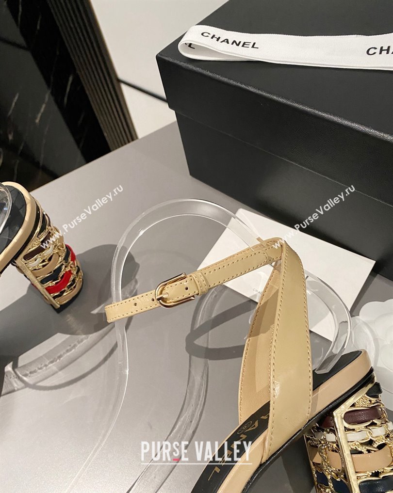 Chanel Multicolor Chain Heel 8.5cm Lambskin Sandals Beige 2024 (modeng-24040109)