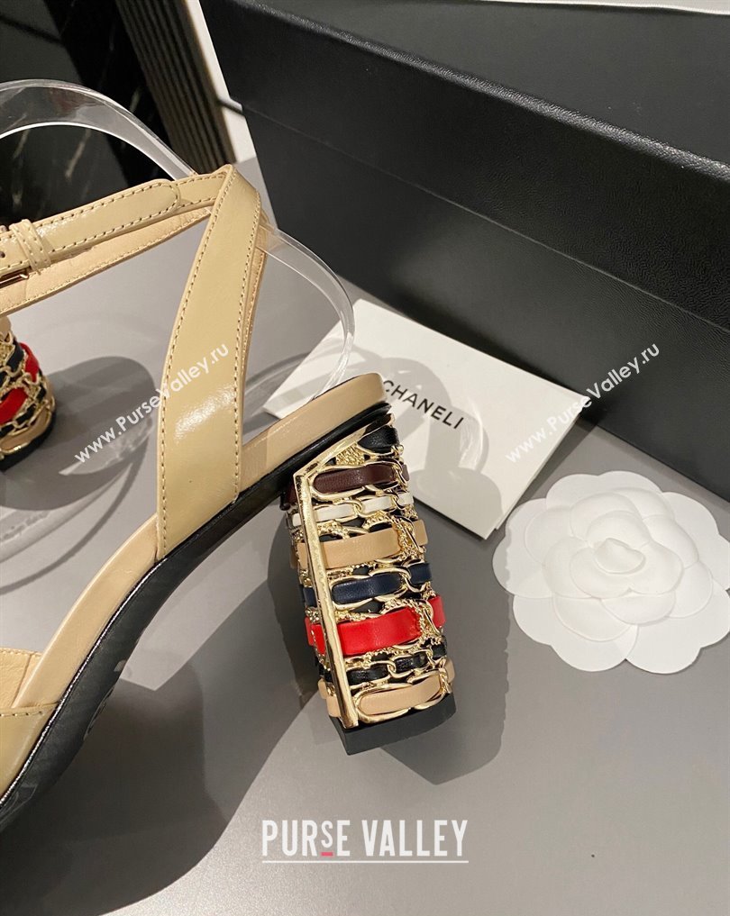 Chanel Multicolor Chain Heel 8.5cm Lambskin Sandals Beige 2024 (modeng-24040109)