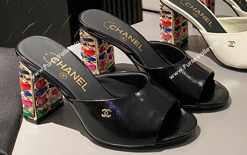 Chanel Multicolor Chain Heel 8.5cm Lambskin Mules Black 2024 (modeng-24040113)