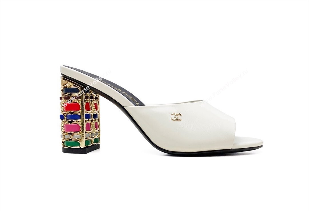 Chanel Multicolor Chain Heel 8.5cm Lambskin Mules White 2024 (modeng-24040114)