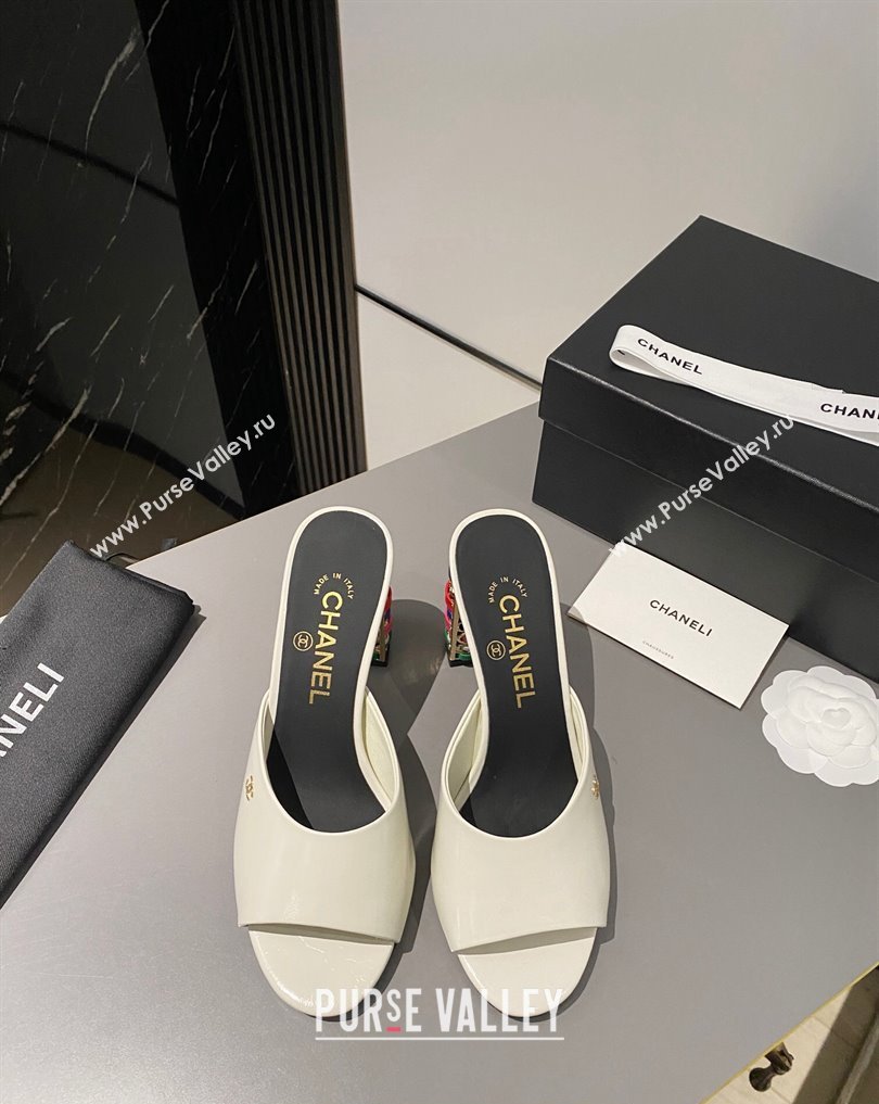 Chanel Multicolor Chain Heel 8.5cm Lambskin Mules White 2024 (modeng-24040114)
