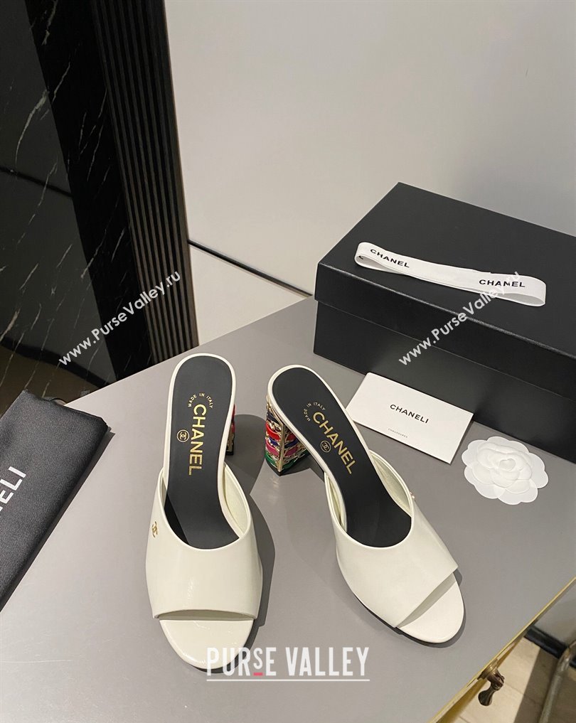 Chanel Multicolor Chain Heel 8.5cm Lambskin Mules White 2024 (modeng-24040114)