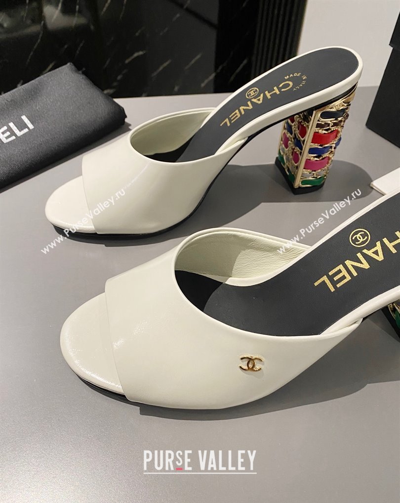 Chanel Multicolor Chain Heel 8.5cm Lambskin Mules White 2024 (modeng-24040114)