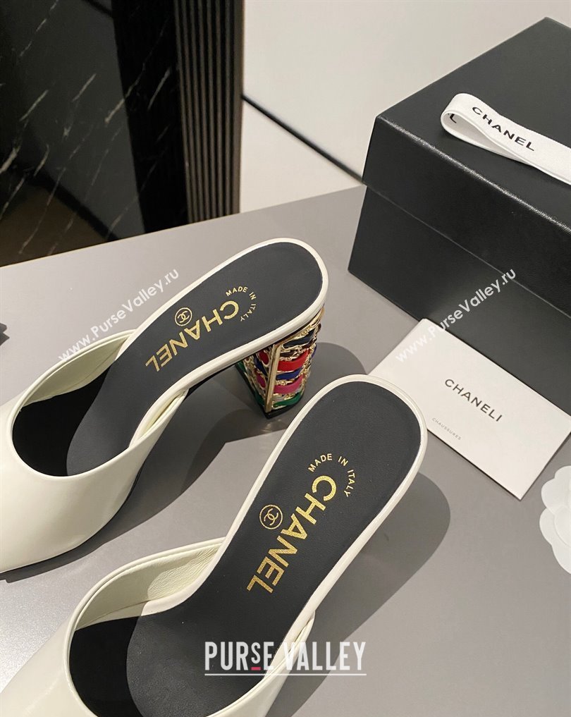 Chanel Multicolor Chain Heel 8.5cm Lambskin Mules White 2024 (modeng-24040114)