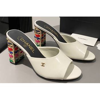Chanel Multicolor Chain Heel 8.5cm Lambskin Mules White 2024 (modeng-24040114)