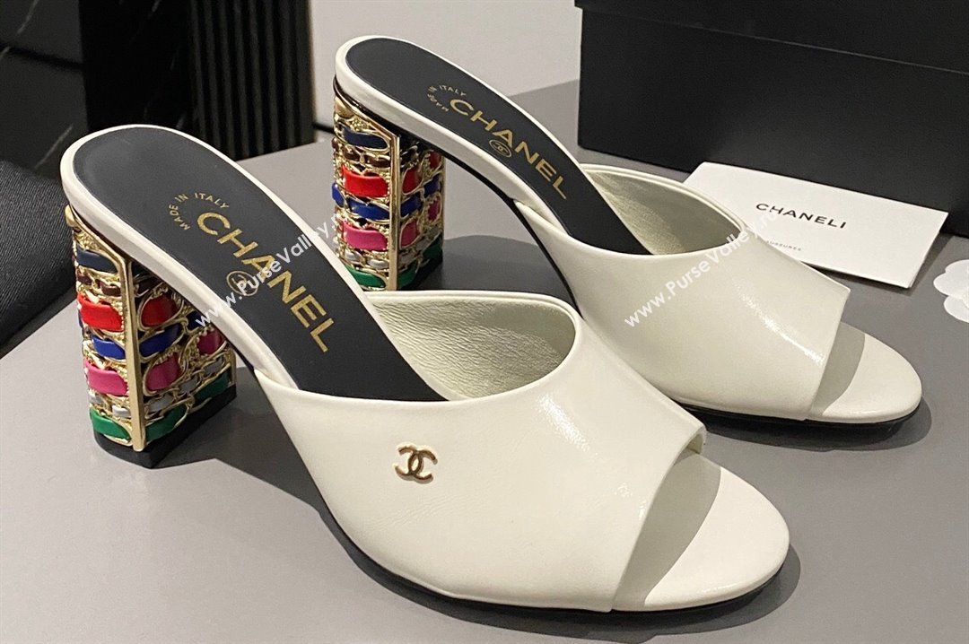 Chanel Multicolor Chain Heel 8.5cm Lambskin Mules White 2024 (modeng-24040114)
