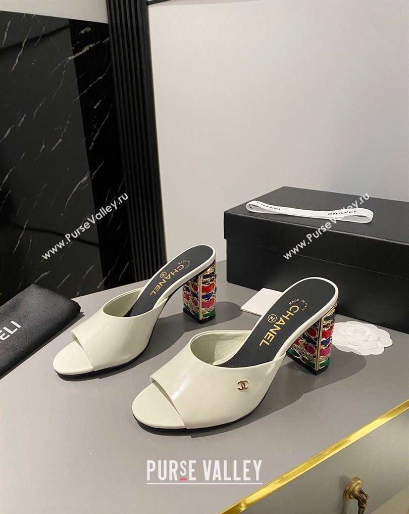 Chanel Multicolor Chain Heel 8.5cm Lambskin Mules White 2024 (modeng-24040114)