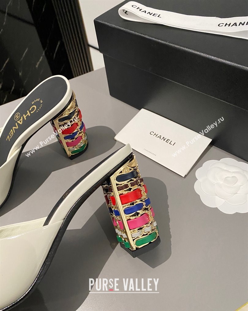 Chanel Multicolor Chain Heel 8.5cm Lambskin Mules White 2024 (modeng-24040114)